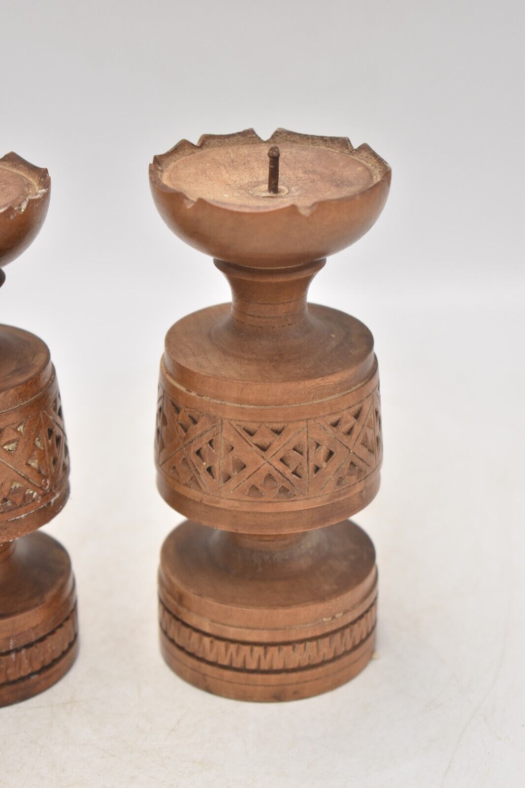 Vintage Rustic Set of 2 Wooden Tealight Holders Handcarved Decorative