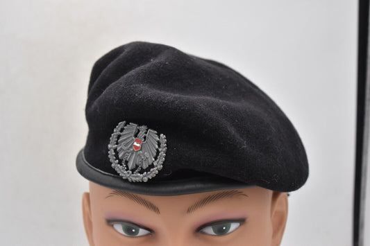 Austrian Army Black Beret with Metal Insignia Badge – Size 57