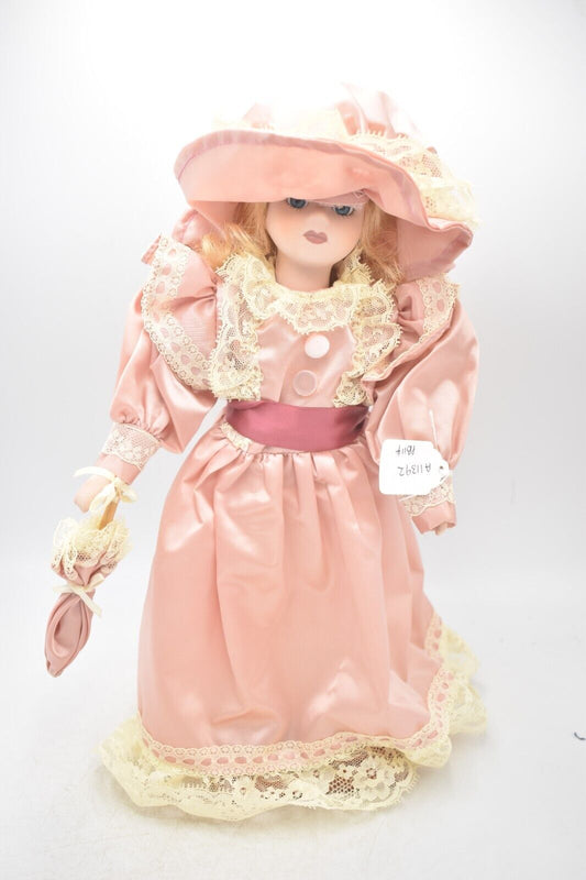 Vintage Porcelain Doll Blonde Hair, Blue Eyes and Pink Silk Dress with Umbrella