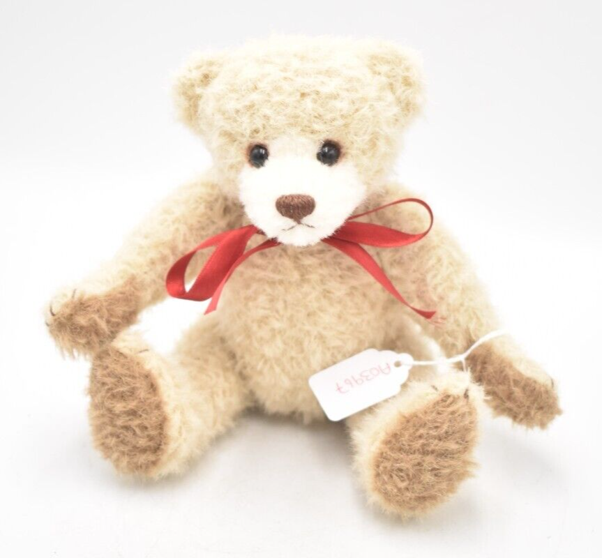 Hermann Cream and Brown Mohair Teddy Bear with Red Bow