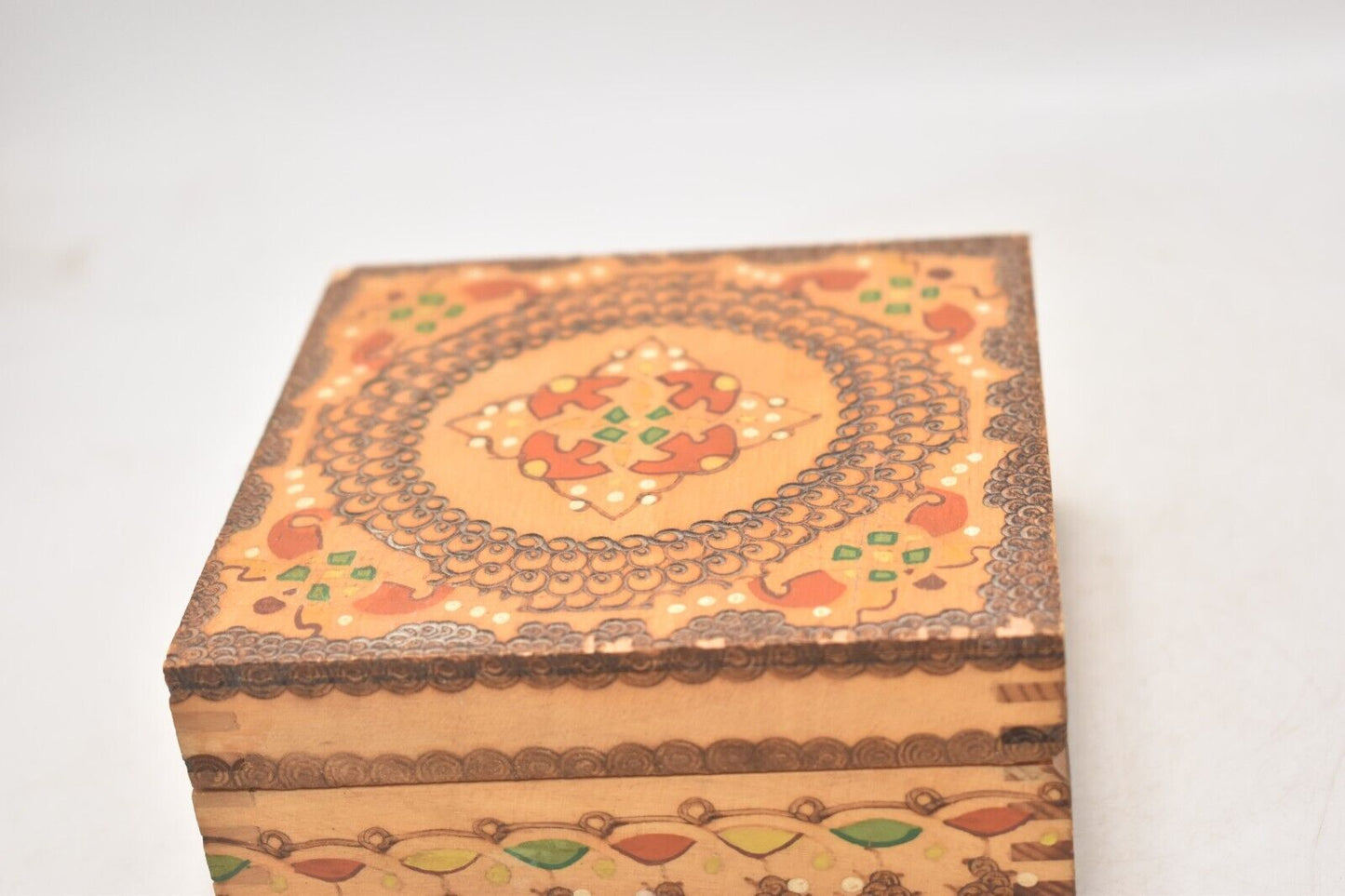 Vintage Bulgarian Hand Painted Pyrographed Jewellery Box, Trinket Box