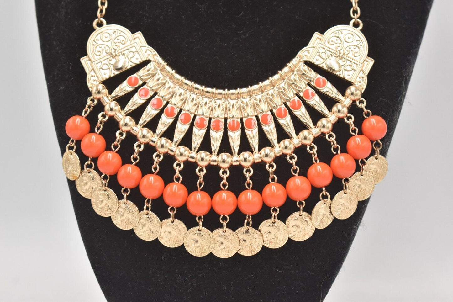 Vintage Cleopatra Style Statement Beaded Necklace Orange & Gold Tone Ladies