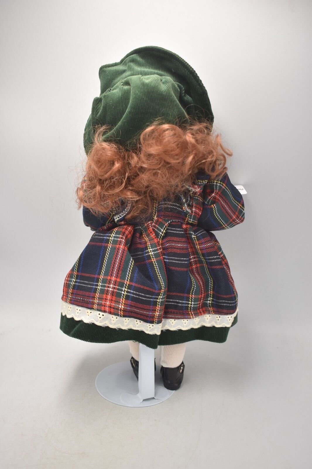 Vintage Porcelain Doll with Ginger Hair, Green Eyes & Tartan Dress (30cm)