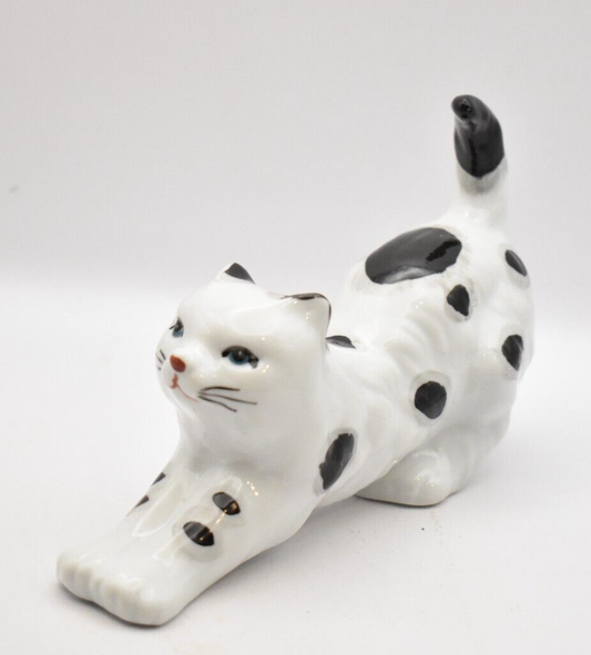 Vintage Black and White Stretching Cat Figurine Statue Ornament