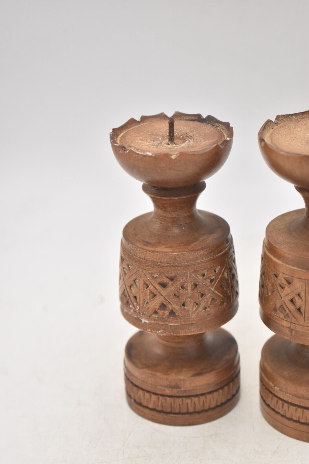 Vintage Rustic Set of 2 Wooden Tealight Holders Handcarved Decorative