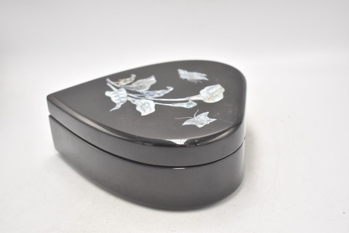 Vintage Black Lacquer Heart Shaped Mother of Pearl Jewellery Box Trinket Box