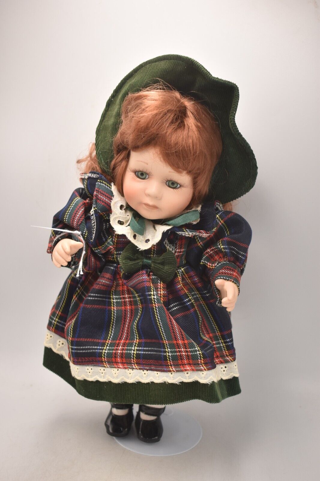 Vintage Porcelain Doll with Ginger Hair, Green Eyes & Tartan Dress (30cm)