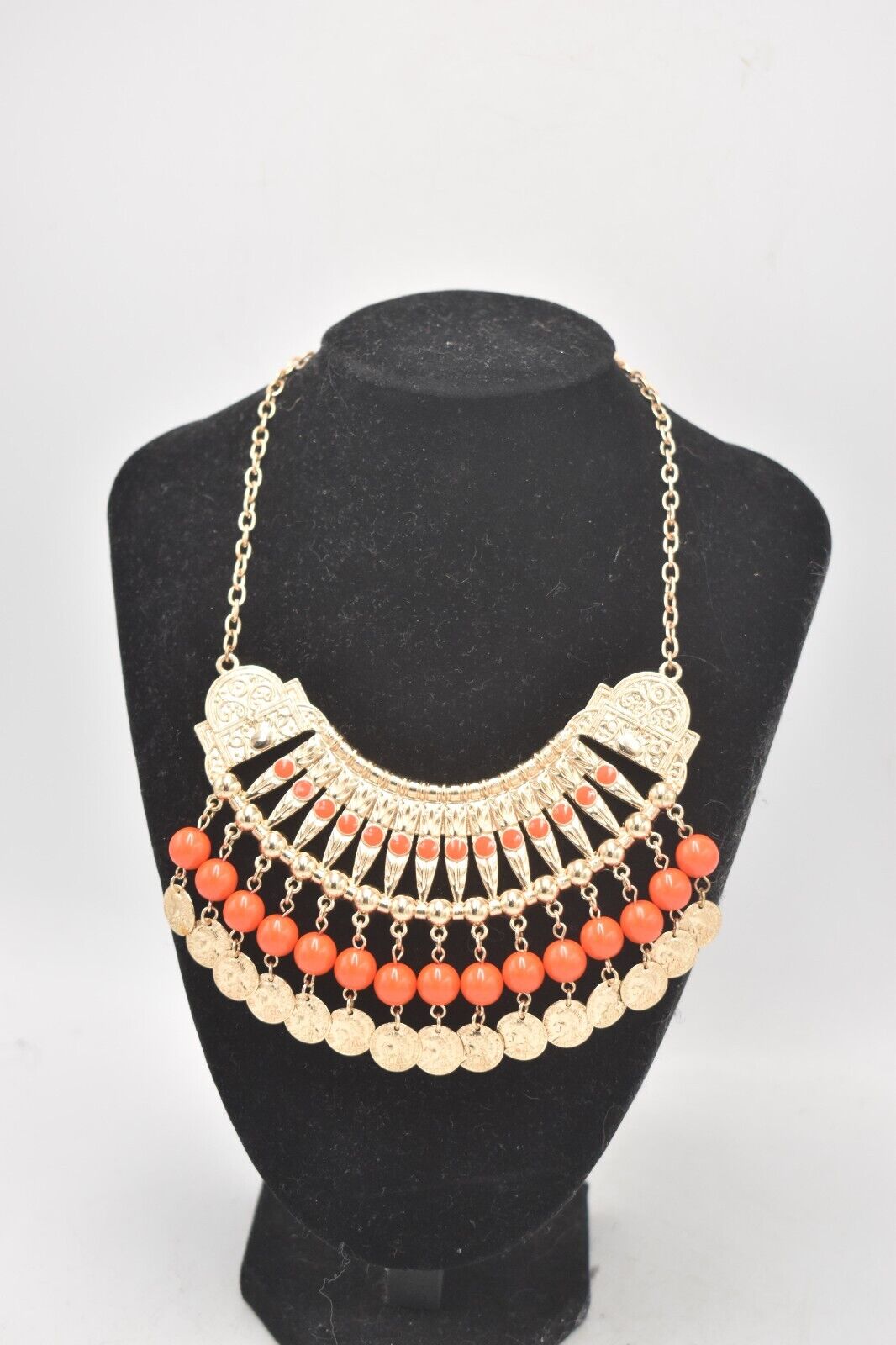 Vintage Cleopatra Style Statement Beaded Necklace Orange & Gold Tone Ladies