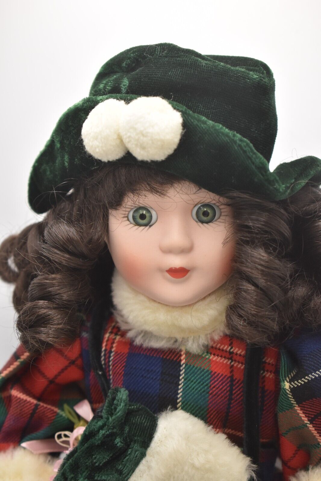 Vintage Porcelain Doll Brown Hair, Green Eyes and Tartan Dress