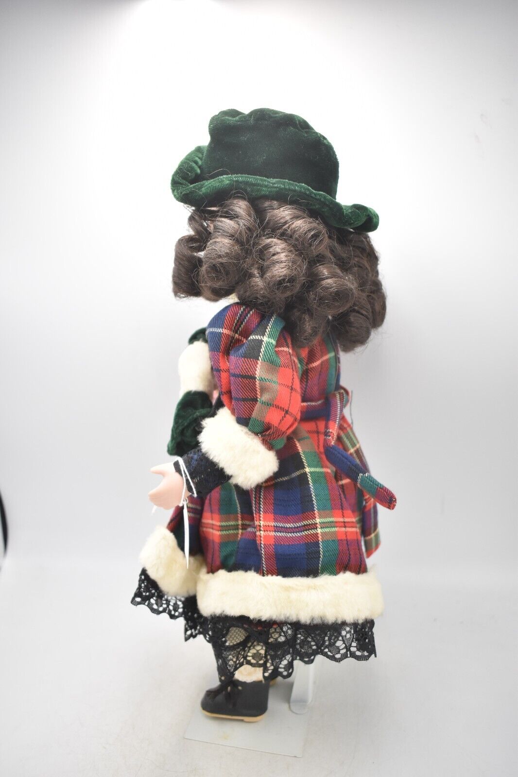 Vintage Porcelain Doll Brown Hair, Green Eyes and Tartan Dress