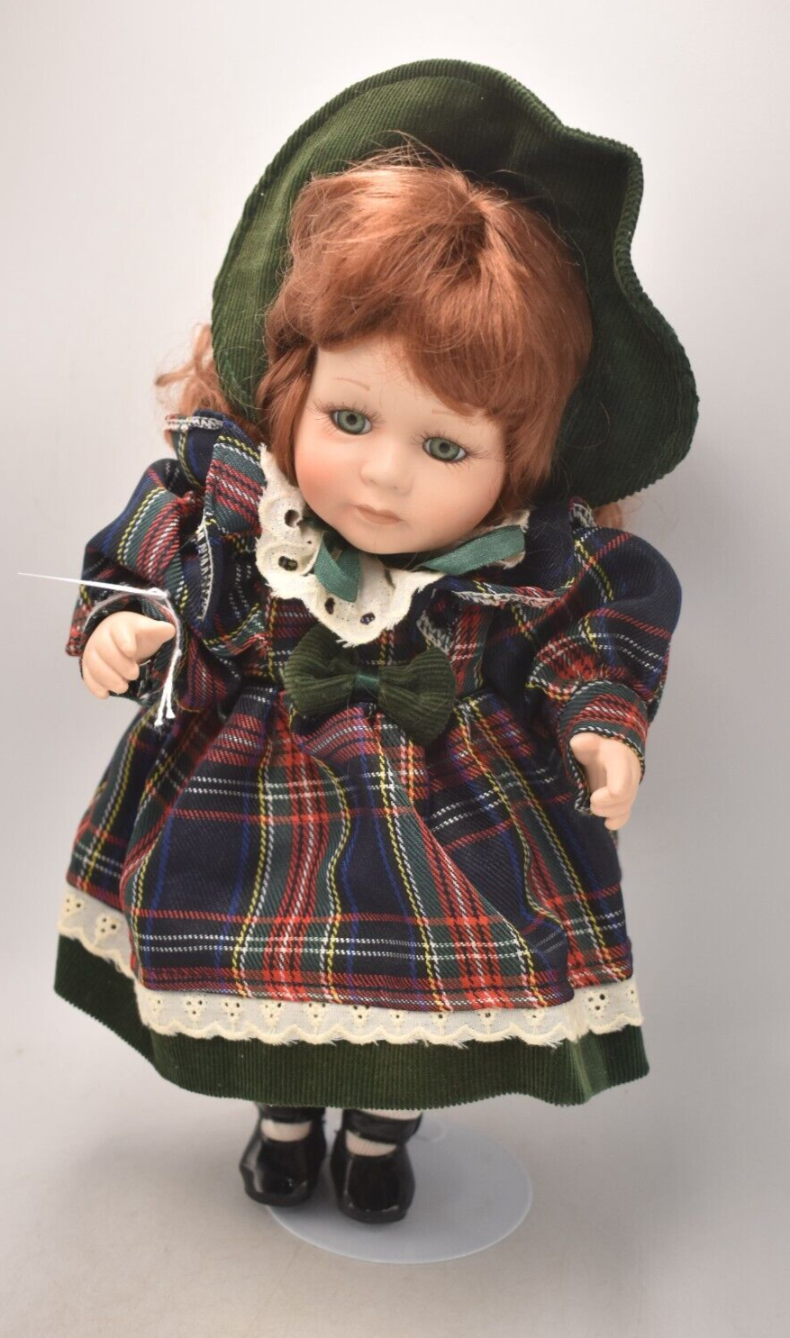 Vintage Porcelain Doll with Ginger Hair, Green Eyes & Tartan Dress (30cm)