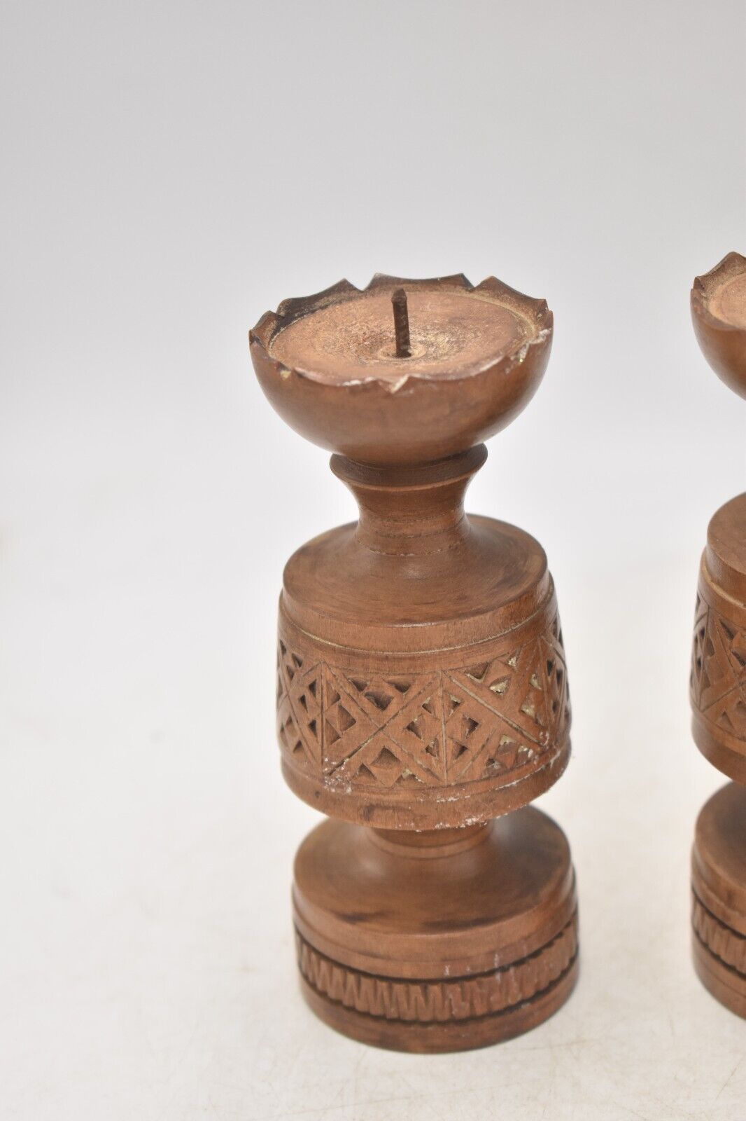 Vintage Rustic Set of 2 Wooden Tealight Holders Handcarved Decorative