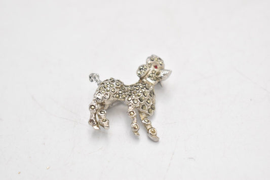 Vintage Silver Tone Marcasite Poodle Dog Brooch with Red Eyes –Women's Jewellery