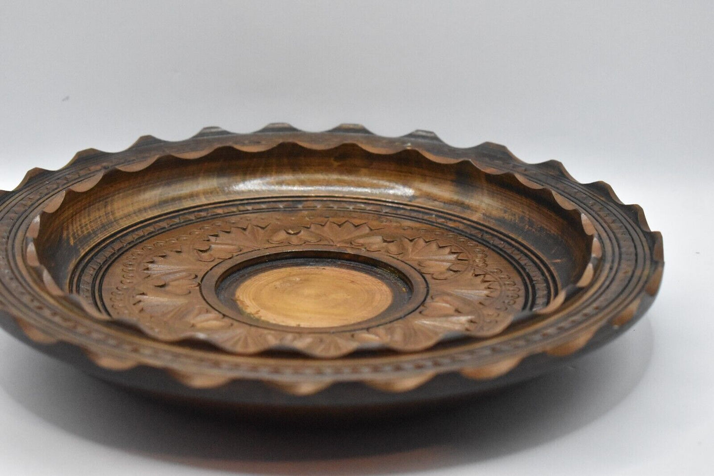 Vintage Hand Carved Wooden Bowl Retro Rustic Wood Plate Trinket Dish Key Tidy