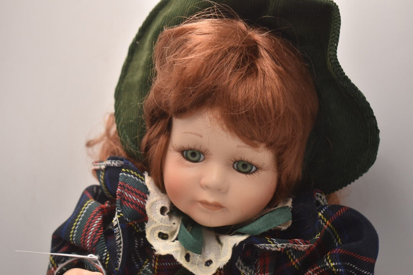 Vintage Porcelain Doll with Ginger Hair, Green Eyes & Tartan Dress (30cm)