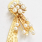 Vintage Gold-Tone Ribbon Brooch with Faux Pearls Ladies Costume Jewellery