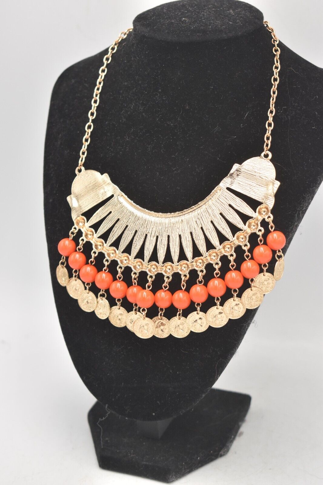 Vintage Cleopatra Style Statement Beaded Necklace Orange & Gold Tone Ladies