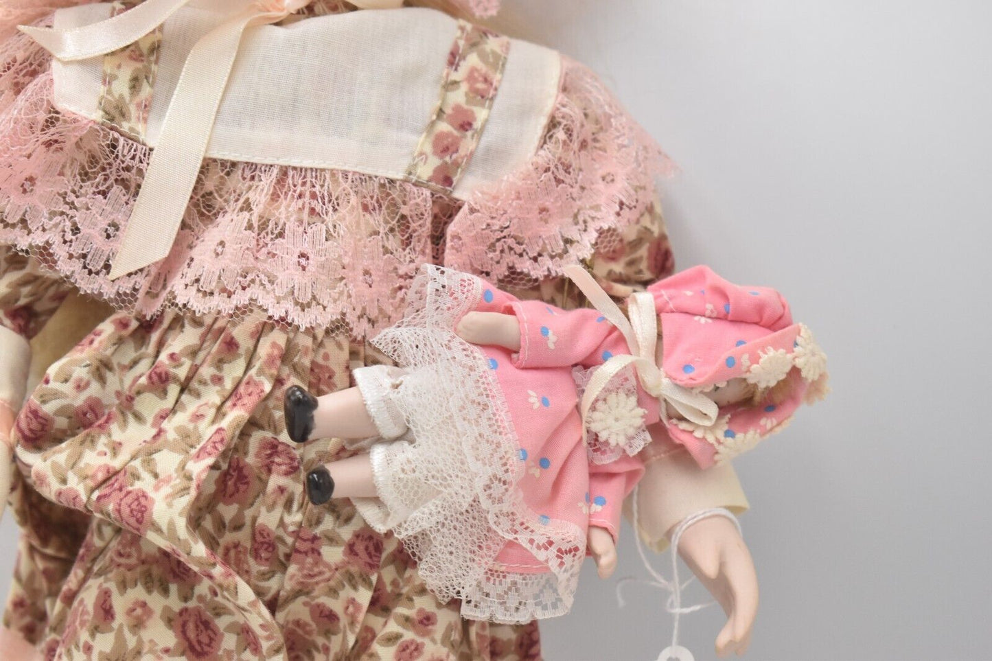 Vintage Porcelain Doll and Baby Doll Blonde Hair, Blue Eyes and Pink Dress