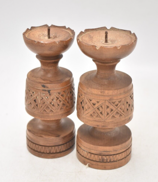 Vintage Rustic Set of 2 Wooden Tealight Holders Handcarved Decorative