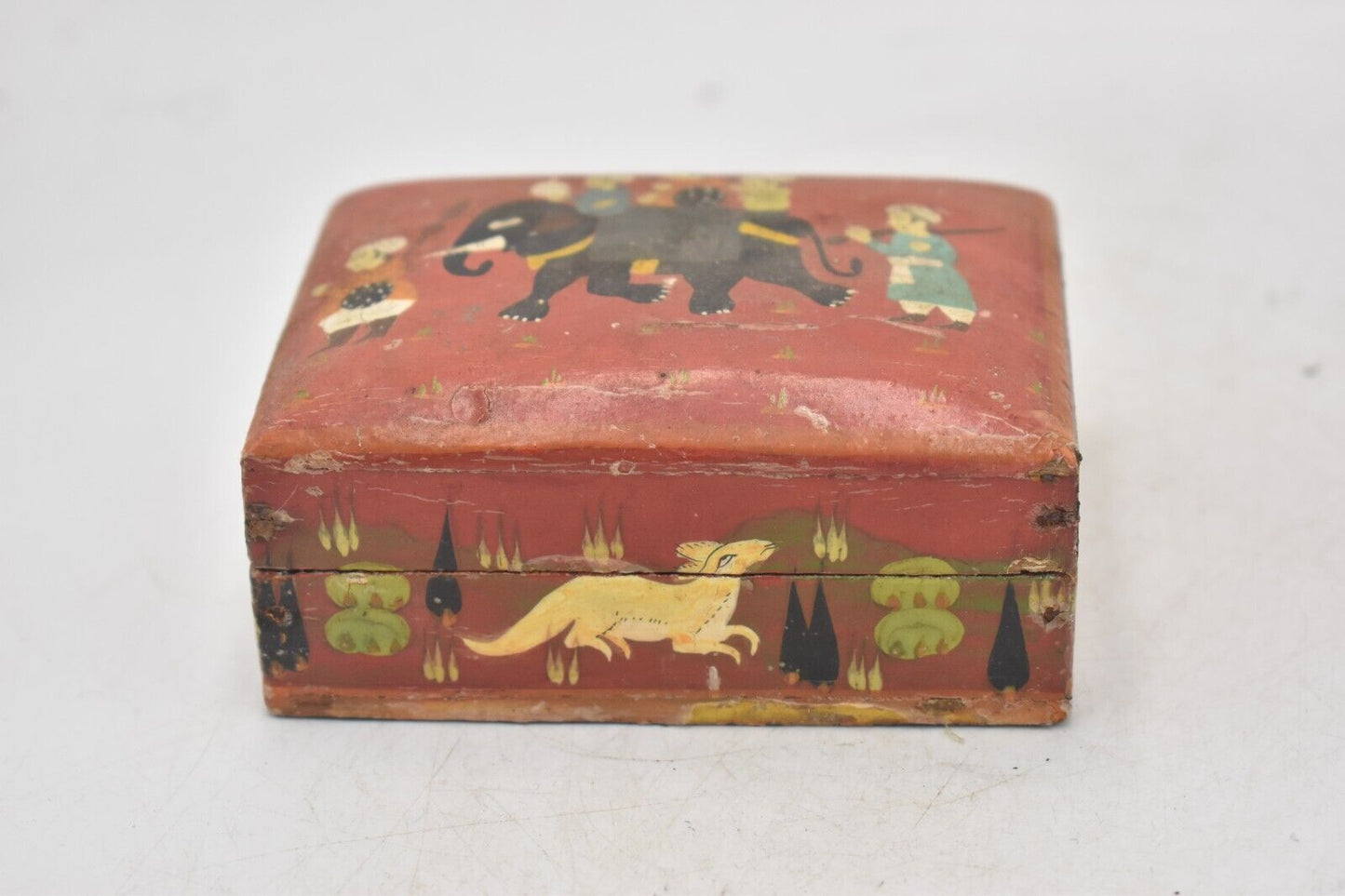 Vintage Handmade Wooden Box with Elephant Scene Storage Box/ Trinket Box