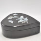 Vintage Black Lacquer Heart Shaped Mother of Pearl Jewellery Box Trinket Box