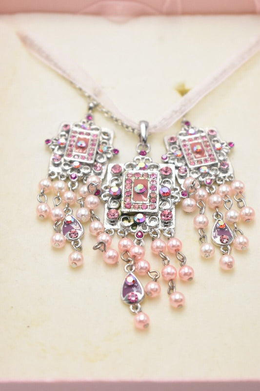 Vintage Kathryn C Pink Gemstone Square Costume Jewellery Necklace Earring Set