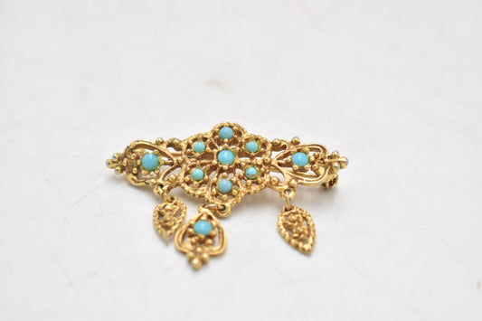 Vintage Gold Tone & Turquoise Filigree Brooch – Elegant Design