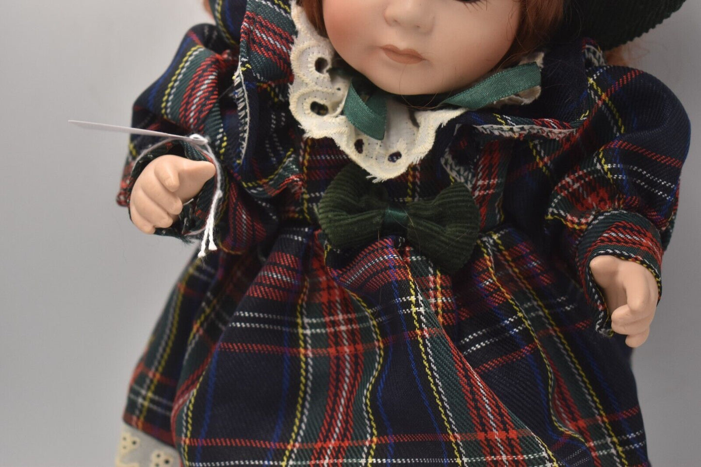 Vintage Porcelain Doll with Ginger Hair, Green Eyes & Tartan Dress (30cm)