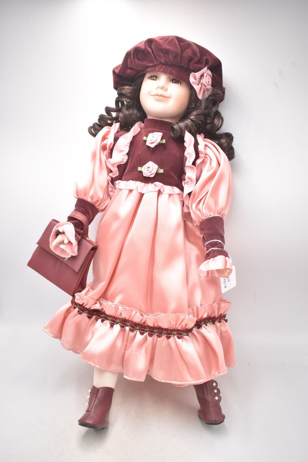 Vintage Porcelain Doll Brown Hair, Brown Eyes and Pink Silk Dress