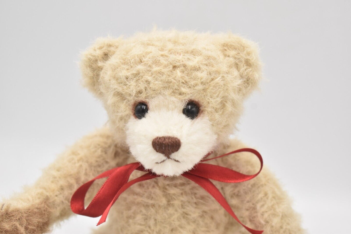 Hermann Cream and Brown Mohair Teddy Bear with Red Bow