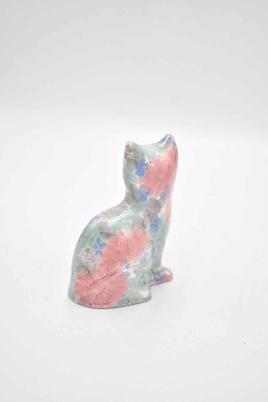 Park Rose Ceramic Cat Ornament Bridlington Pottery Blue Green Pink Floral