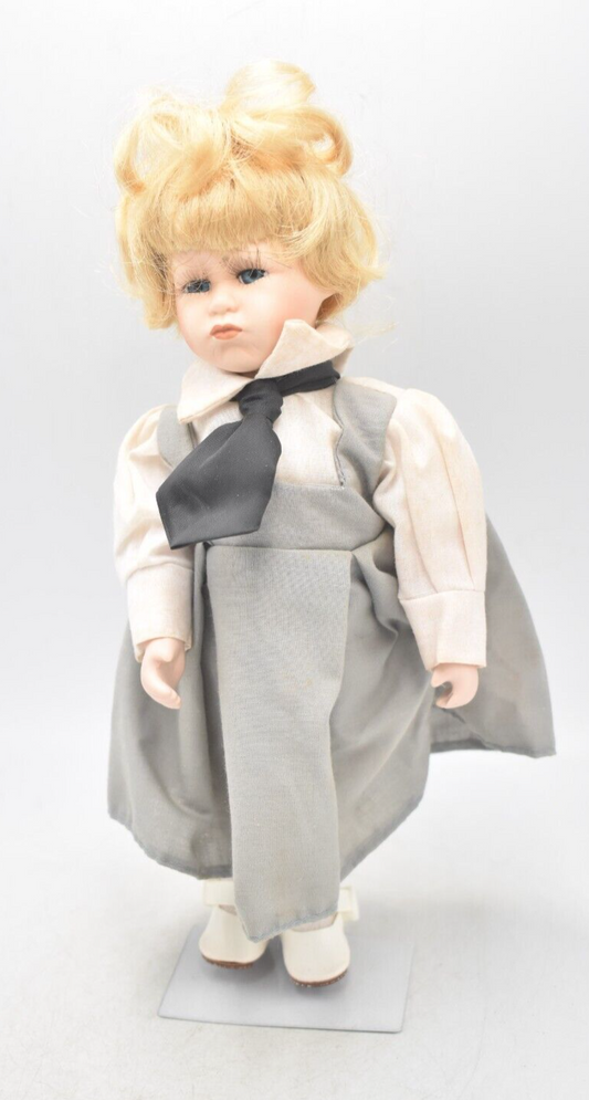 Vintage Porcelain Doll – Blonde Hair, Blue Eyes & Pinafore Dress