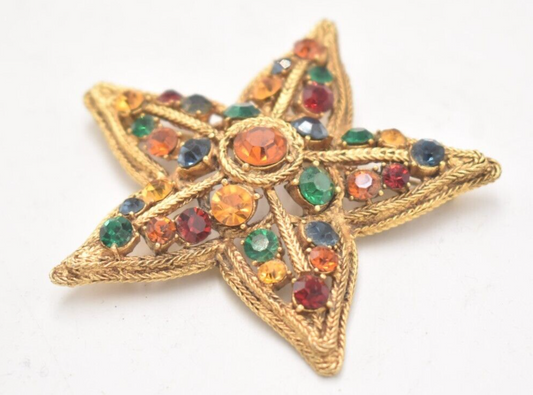 Vintage 1950s La Roco Star Brooch Colourful Jewel Tone Rhinestones Gold tone