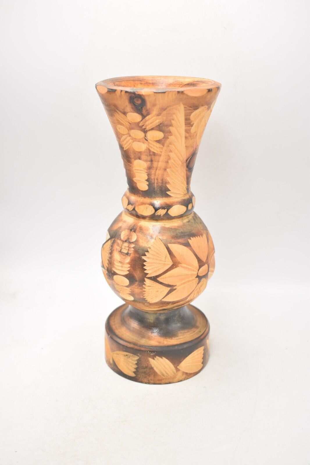 Vintage Wooden Trumpet Vase 25cm Hand Carved Decorative