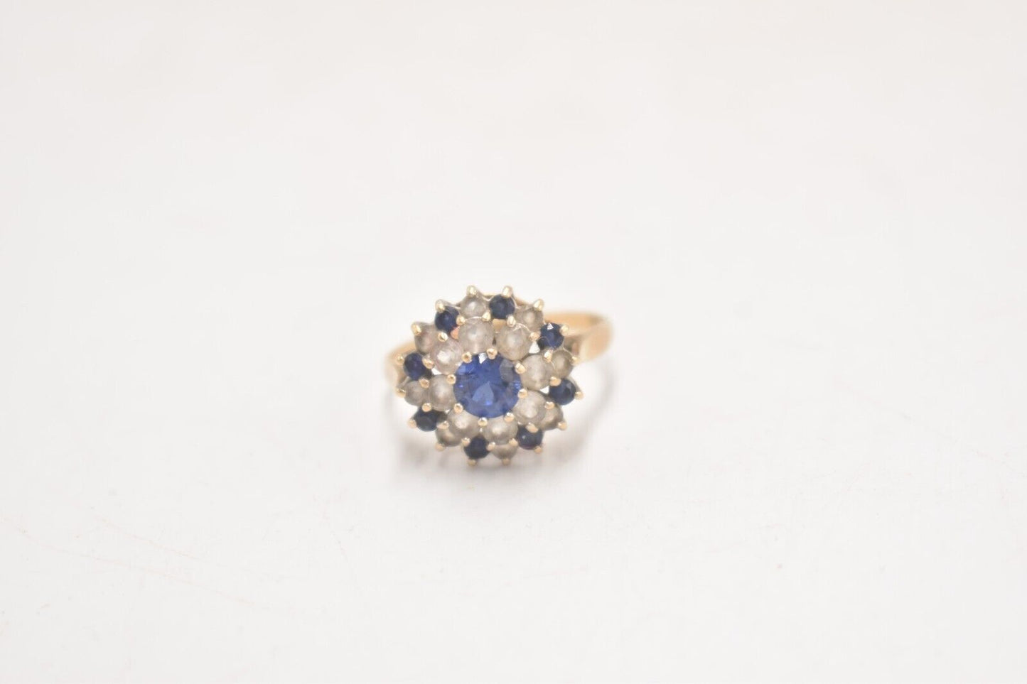 Vintage 9ct Yellow Gold Sapphire & Cubic Zirconia Cluster Cocktail Ring – Size P