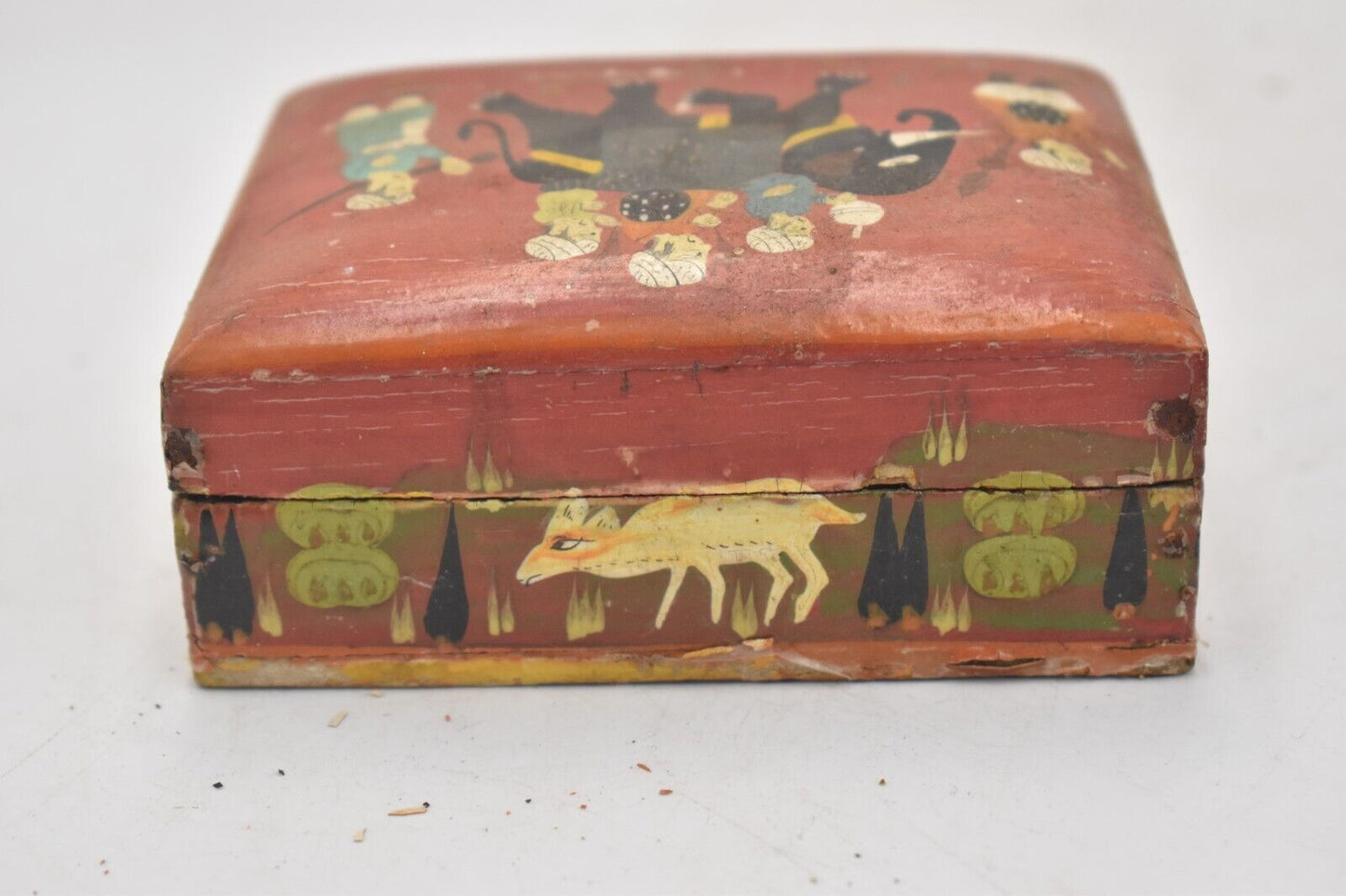 Vintage Handmade Wooden Box with Elephant Scene Storage Box/ Trinket Box