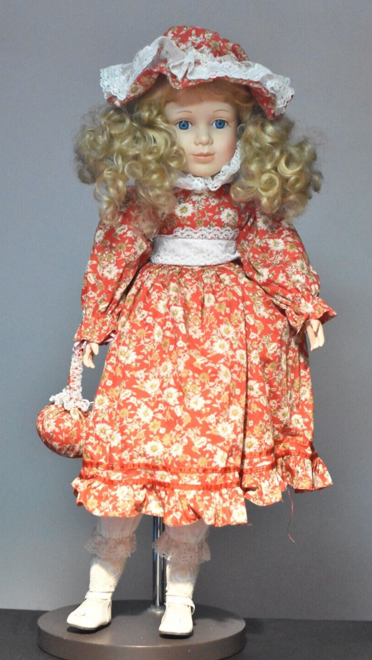 Vintage Large Porcelain Doll 70cm Blonde Hair, Blue Eyes Red Dress