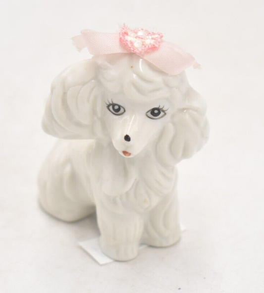 Vintage White Poodle Dog with Pink Bow Figurine Statue Ornament Decorative