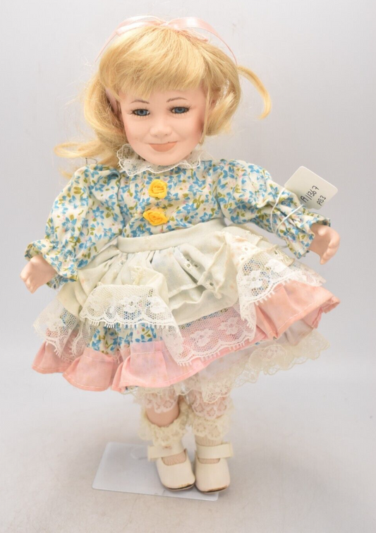 Vintage SFK Porcelain Doll Blonde Hair, Blue Eyes and Floral Dress