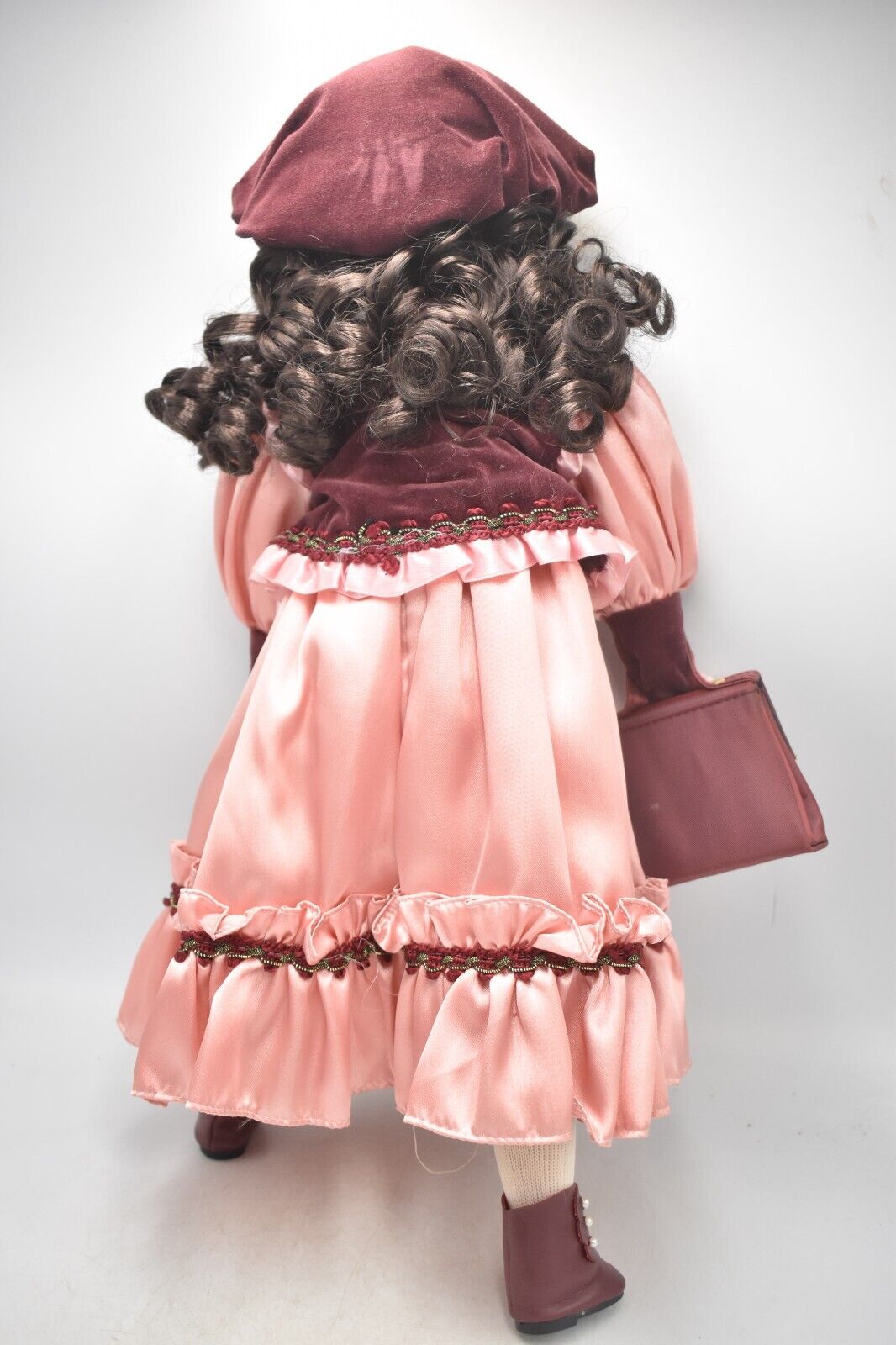 Vintage Porcelain Doll Brown Hair, Brown Eyes and Pink Silk Dress