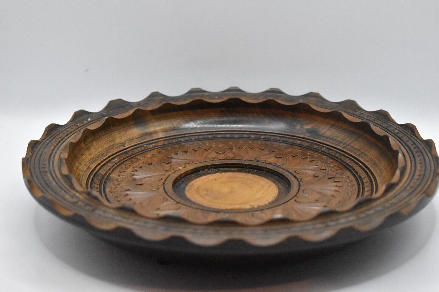 Vintage Hand Carved Wooden Bowl Retro Rustic Wood Plate Trinket Dish Key Tidy