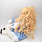 Vintage Porcelain Doll With Teddy Bear Blonde Hair, Blue Eyes and Blue Silk Dres