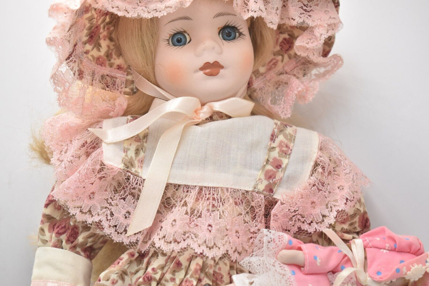 Vintage Porcelain Doll and Baby Doll Blonde Hair, Blue Eyes and Pink Dress