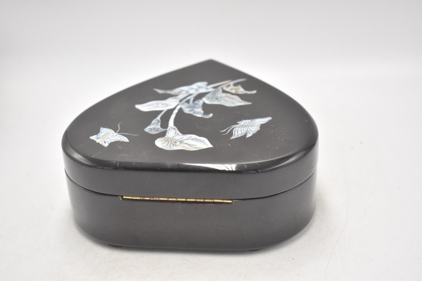 Vintage Black Lacquer Heart Shaped Mother of Pearl Jewellery Box Trinket Box