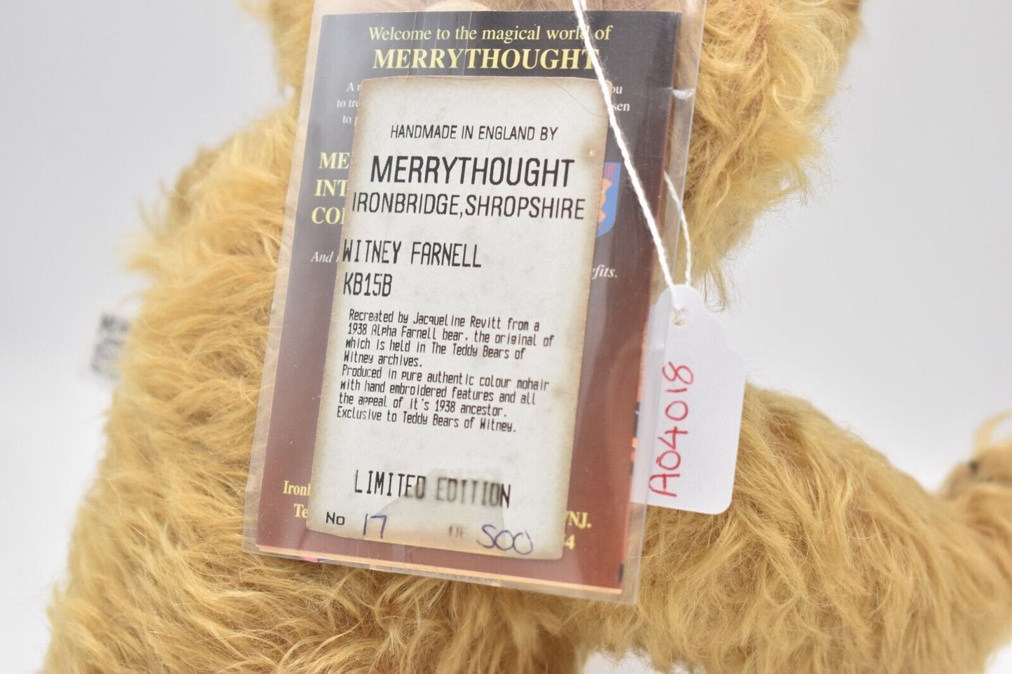 Merrythought Alpha Farnell Witney Farnell Teddy Bear Limited Edition Retired Tag