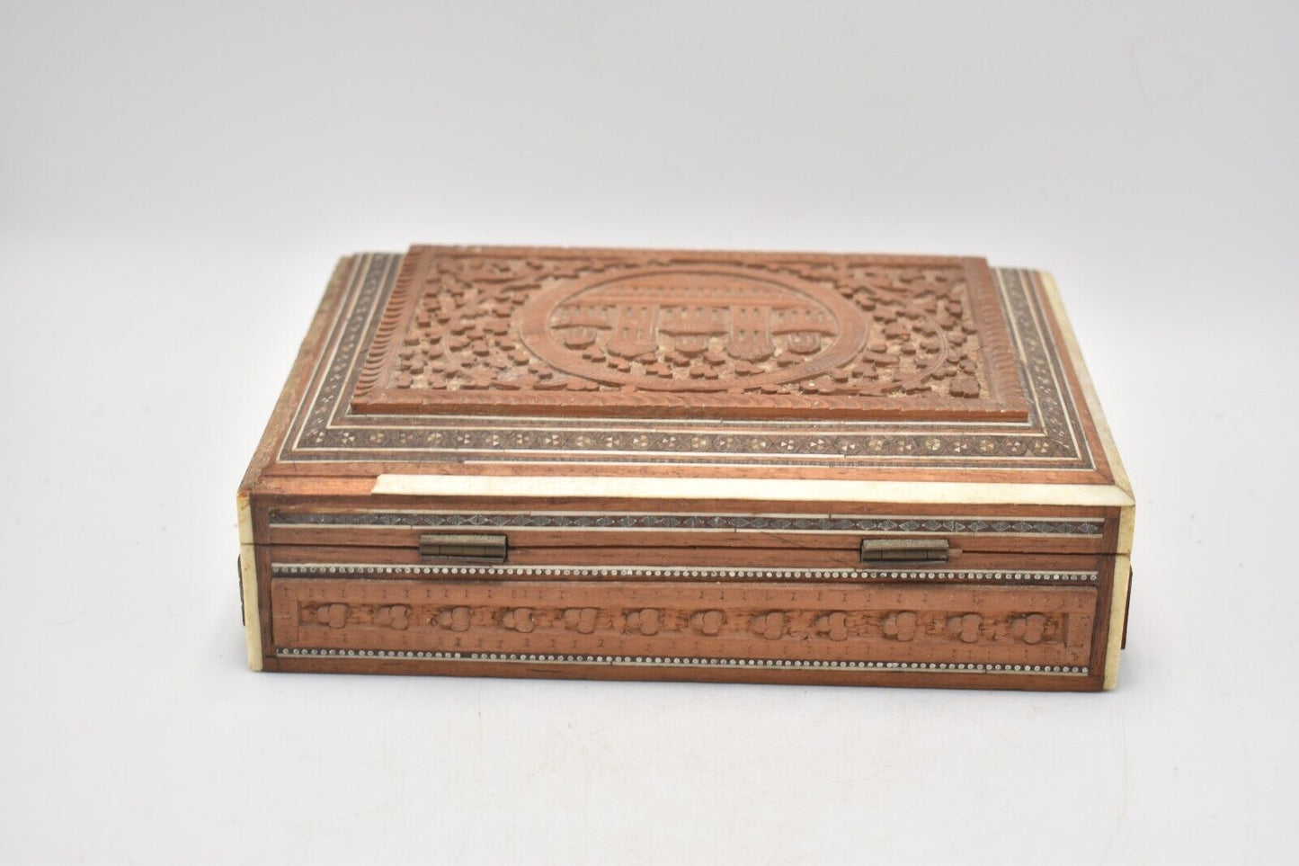 Vintage Hand Carved Wooden Trinket Box with Mother of Pearl Inlay