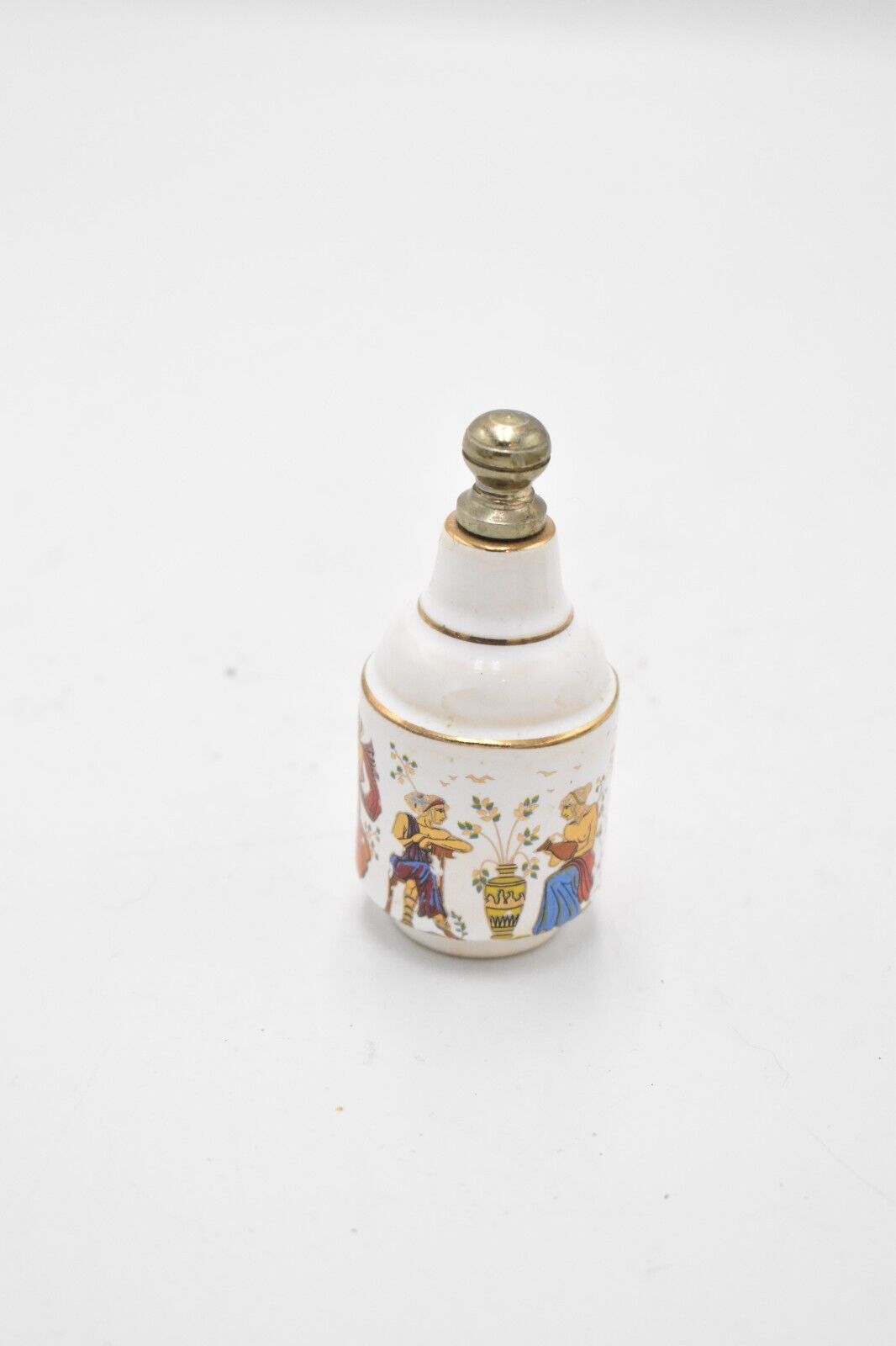 Vintage Hand Painted Enamel Decorative Perfume Bottle Greek Mythology White