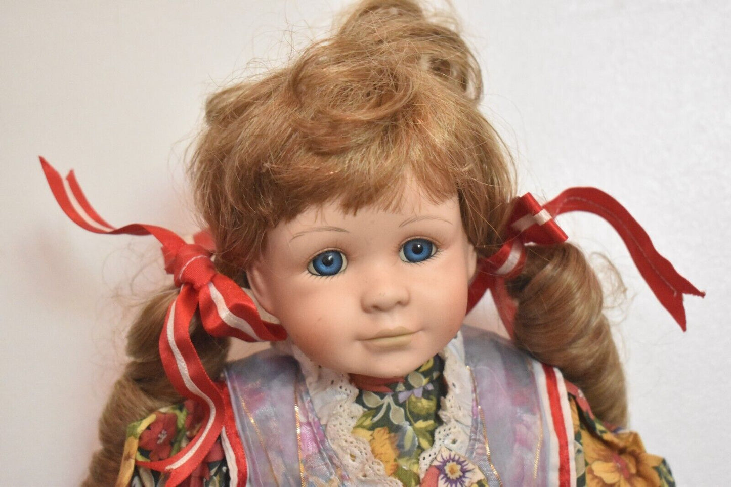 Vintage Porcelain Doll Hula Hooping Blonde Hair, Blue Eyes and Floral Dress