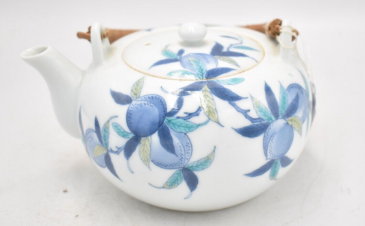 Vintage Oriental Floral Teapot with Bamboo Handle Decorative Collectible