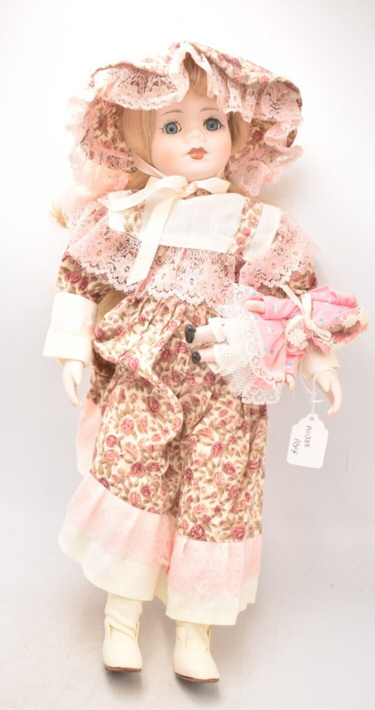 Vintage Porcelain Doll and Baby Doll Blonde Hair, Blue Eyes and Pink Dress